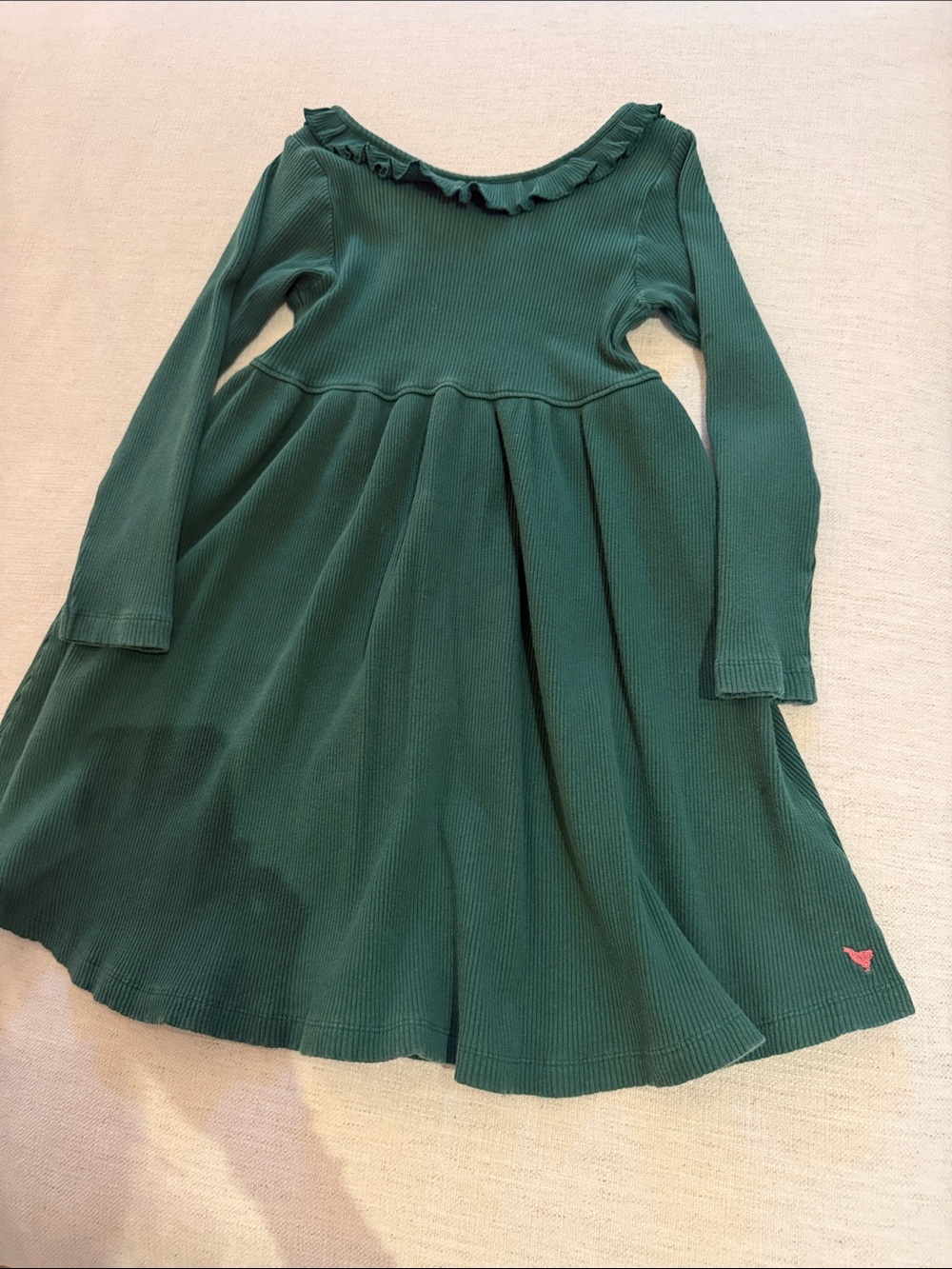 Girls Long Sleeve Ruffle Neck Dress in Dark Green